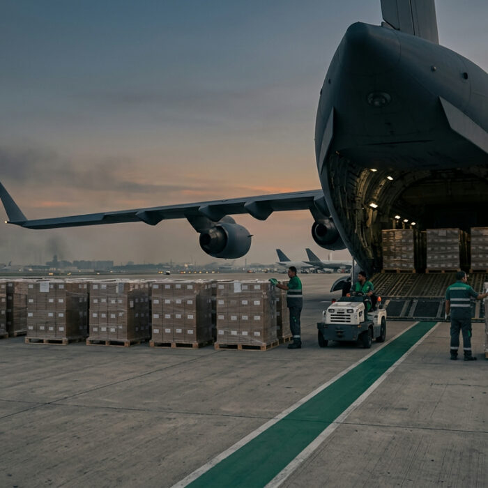 Cargo plane loaded with palletized freight for air freight East Malaysia delivery to Sabah and Sarawak