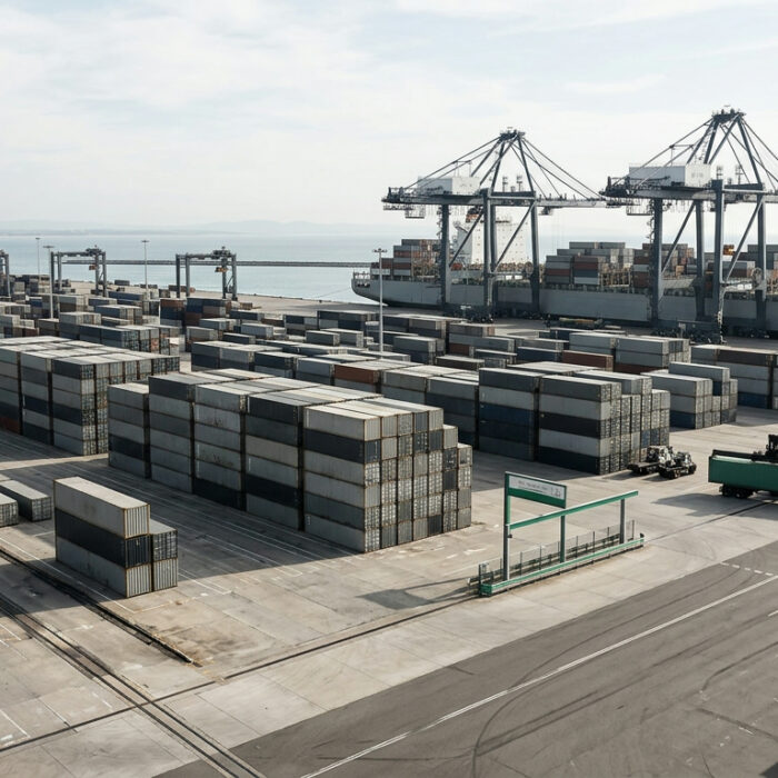 Container yard at a Malaysian port showing stacked shipping containers used for East Malaysia freight routes