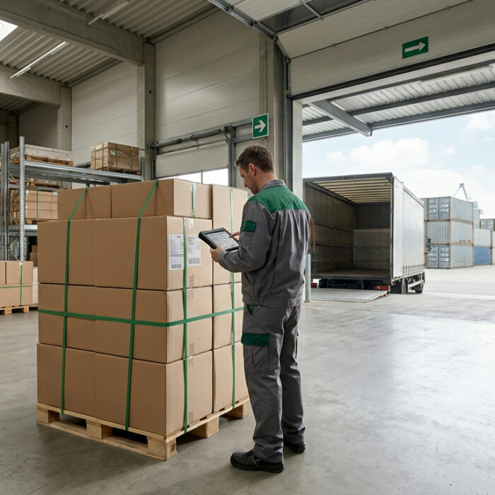 Cargo boxes being checked at a loading dock before shipping from KL to Sarawak